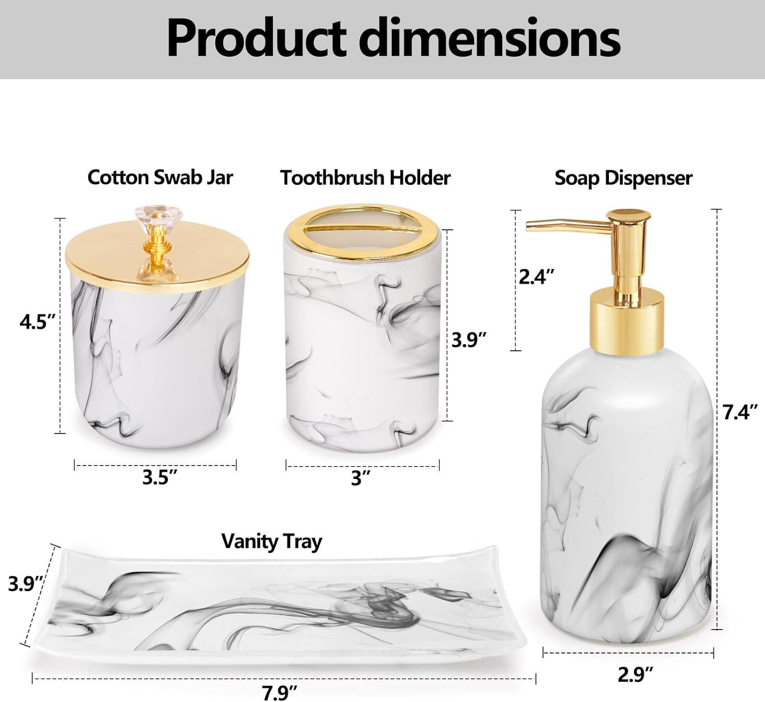 Haturi Bathroom Accessories Set, 4 Pcs Marble Look Sets Soap Dispenser & Toothbrush Holder Counter Top Restroom Apartment Decor Stuff, Glass Kits, Gift for Women and Men, Ink White