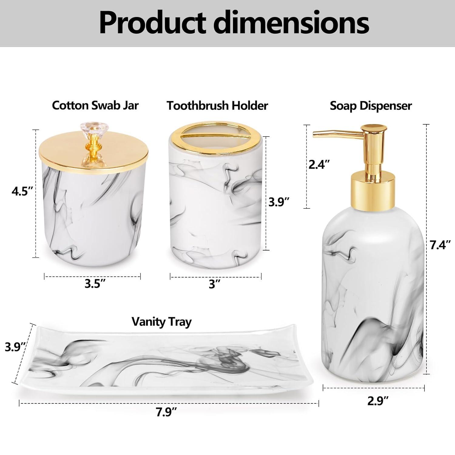 Haturi Bathroom Accessories Set, 4 Pcs Marble Look Sets Soap Dispenser & Toothbrush Holder Counter Top Restroom Apartment Decor Stuff, Glass Kits, Gift for Women and Men, Ink White