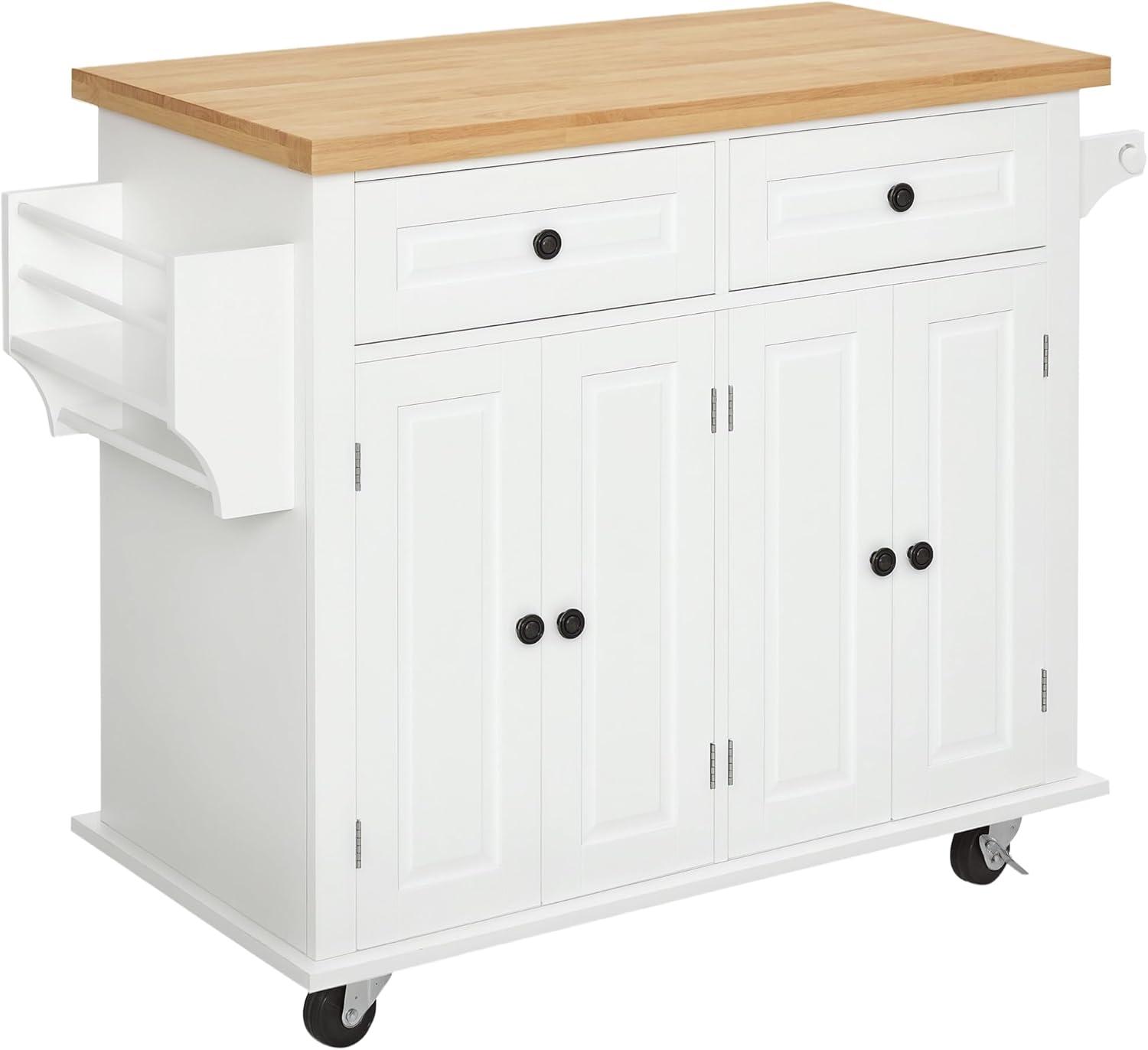 HOMCOM Kitchen Island on Wheels, Rolling Cart with Rubber Wood Top, Spice Rack, Towel Rack & Drawers for Dining Room, White