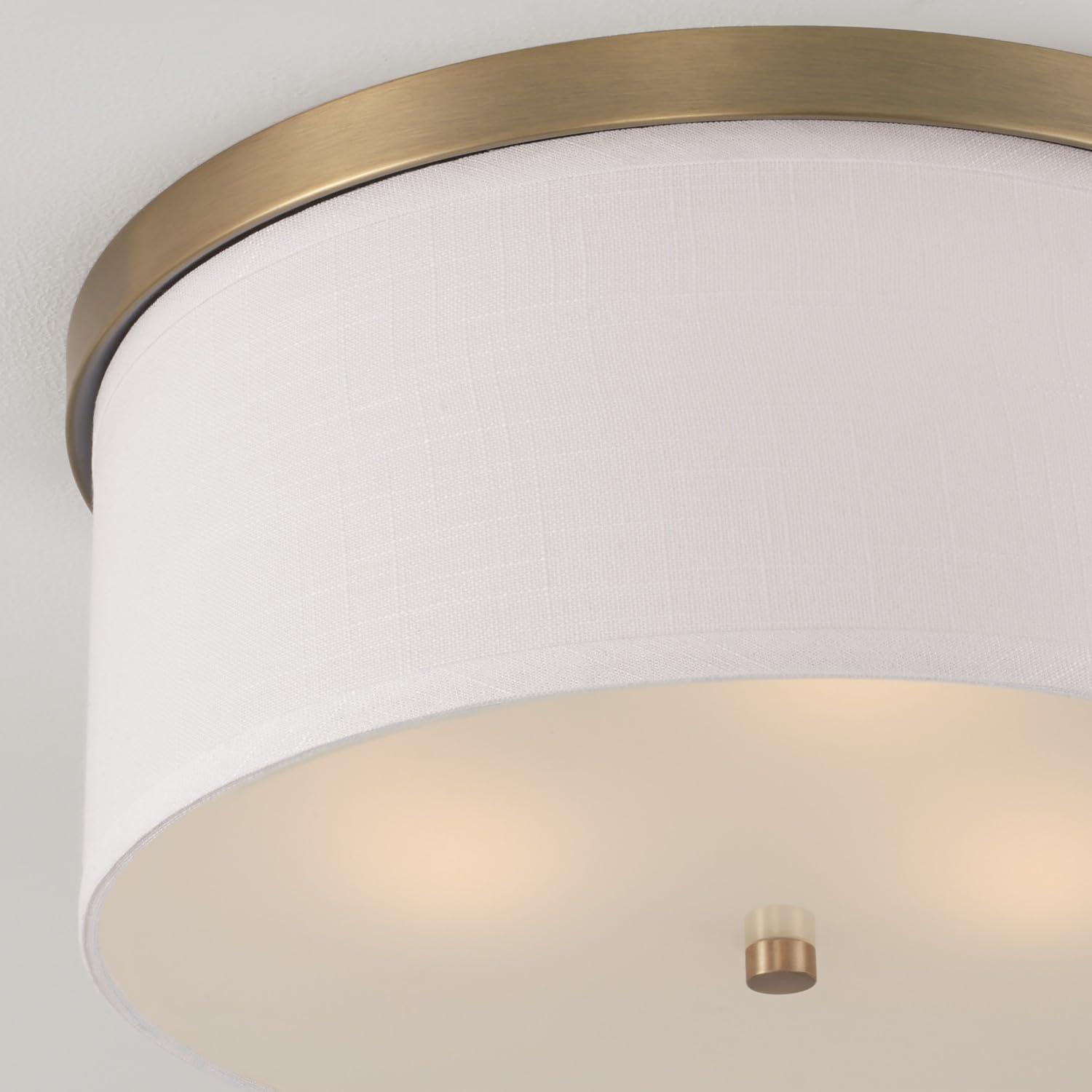 Aged Brass and White Fabric Drum Flush Mount Light