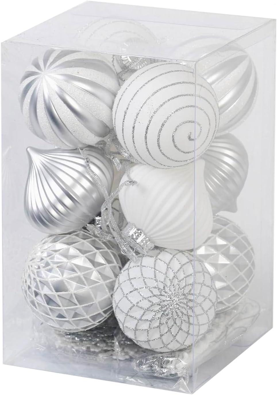 SLEETLY 28pk White Silver Christmas Ball Ornaments for Tree Decorations - Holiday Xmas Shatterproof Plastic Balls, Icicles and Snowflakes Ornament Set