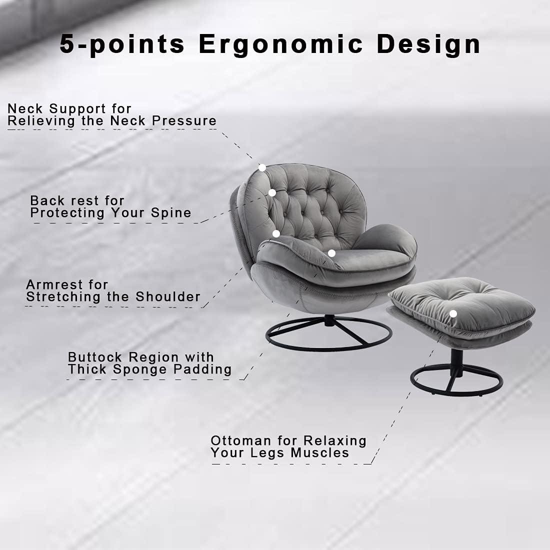 Velvet Swivel Accent Chair with Ottoman Set, Modern Lounge Chair with 360 Degree Swiveling Metal Base & Footrest, Comfy Single Sofa Chair for Living Room Bedroom, Reading Room, Home Office, Gray