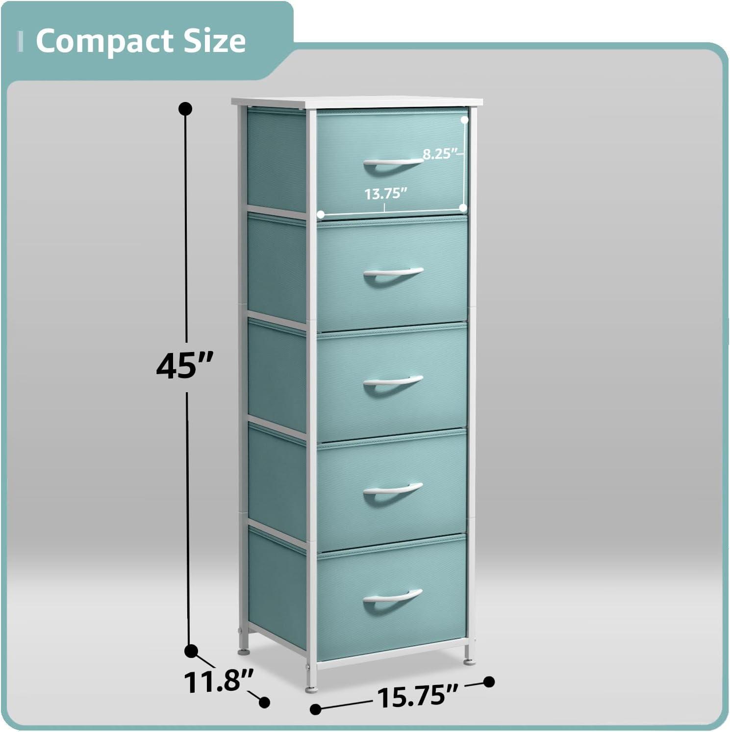 Aqua Fabric 5-Drawer Tall Storage Dresser with Steel Frame