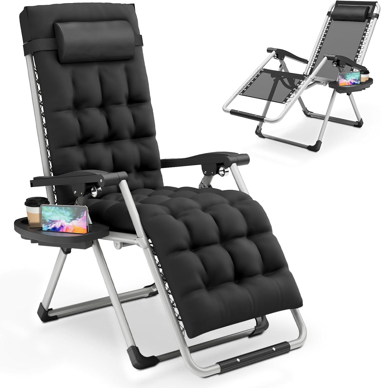 MoNiBloom Reinforced Zero Gravity Chair, Folding Pool Beach Lounger, Chaise with Cushion, Headrest and Side Tray, Black