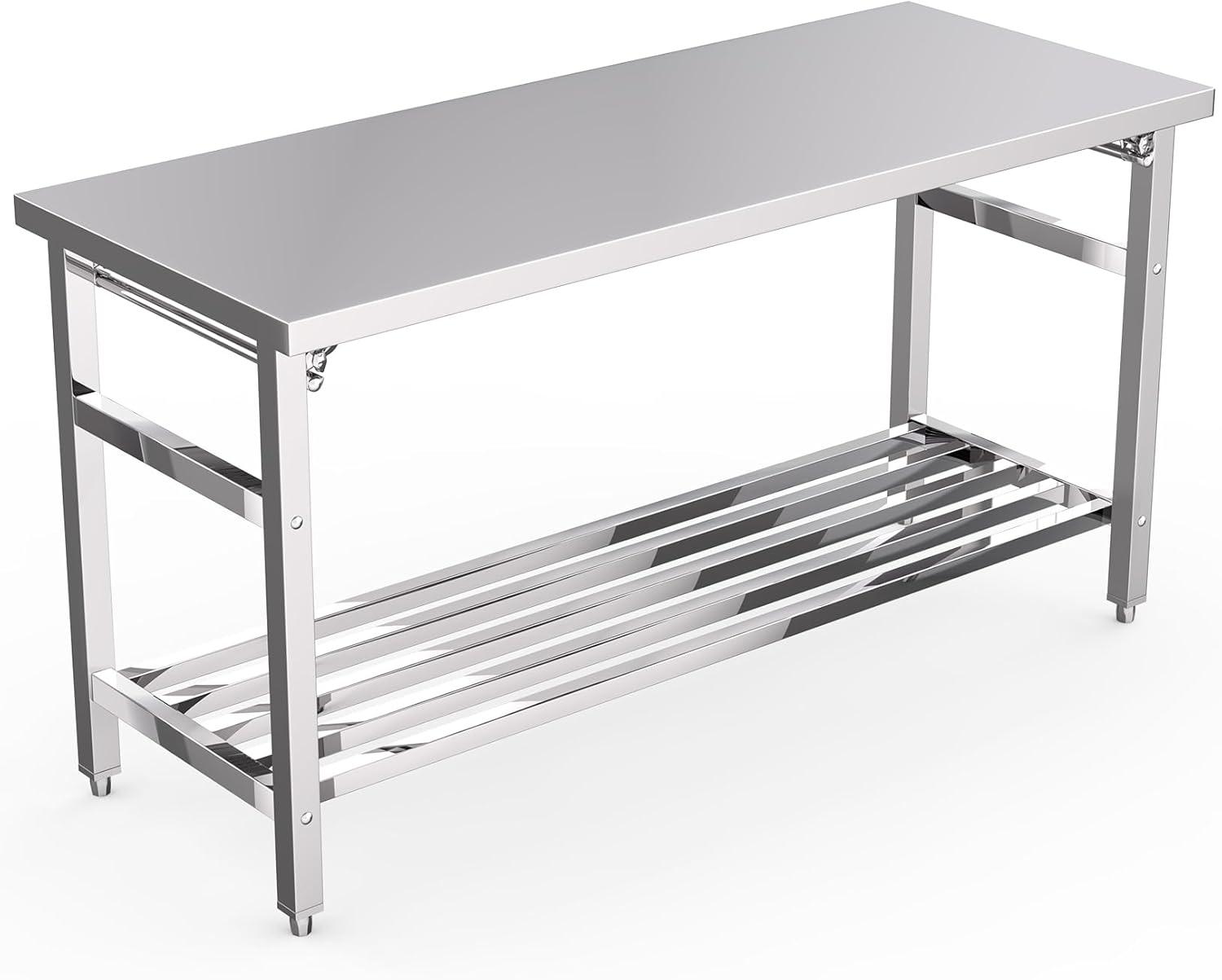 60 x 24 Inch Stainless Steel Folding Heavy Duty Table with Adjustable Undershelf