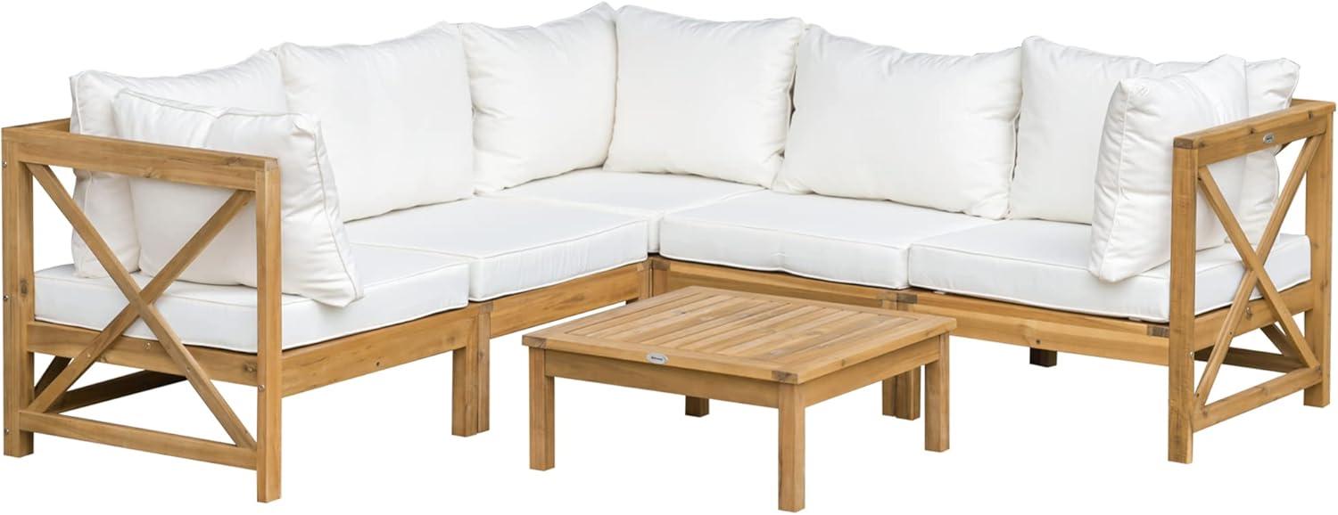 Outsunny 6 Piece Wood Patio Furniture Set, Outdoor Sectional Sofa with Cushions and Coffee Table, Acacia Wood Conversation Set Couch, Cream White