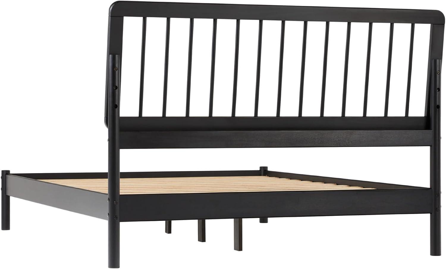 Walker Edison Mid-Century Modern Slatted Solid Wood Queen Bedframe, Black