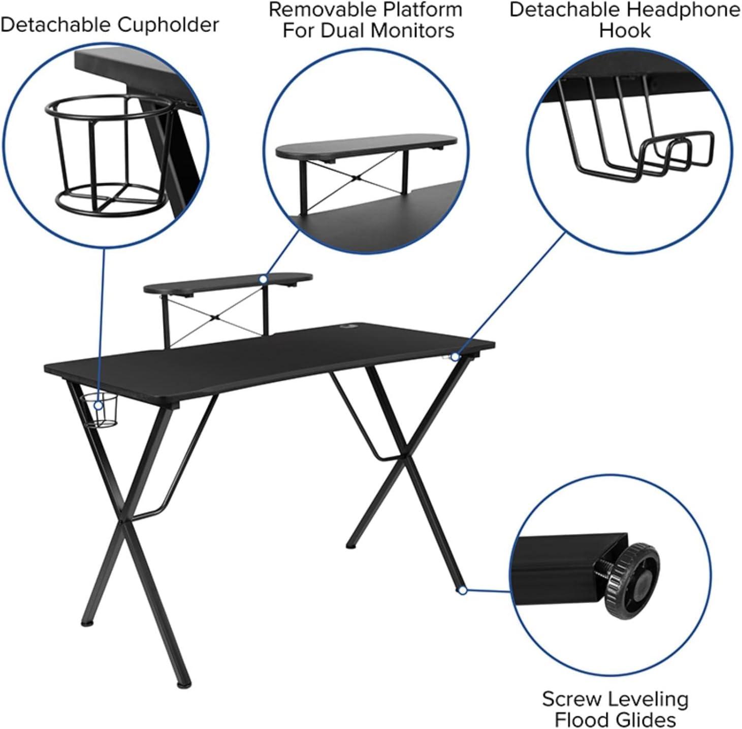 Flash Furniture Black Gaming Desk with Cup Holder, Headphone Hook, and Monitor/Smartphone Stand