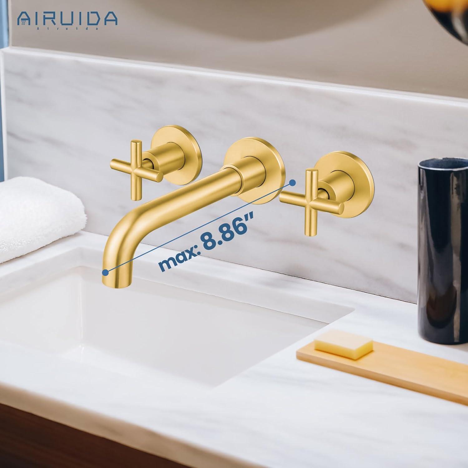 Brushed Gold Wall Mounted Bathroom Faucet with Dual Cross Handles