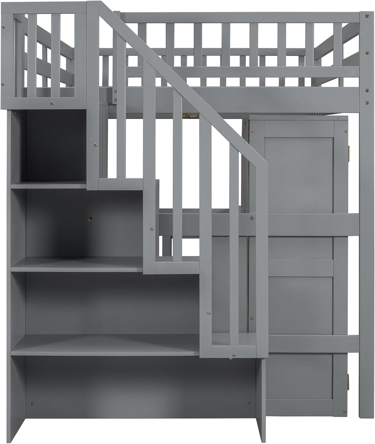 Harper & Bright Designs Full Size Loft Bed with Desk, Wood Full Loft Bed with Stairs, Bookshelf, Drawers & Wardrobe – Space-Saving Multifunctional Furniture, Gray