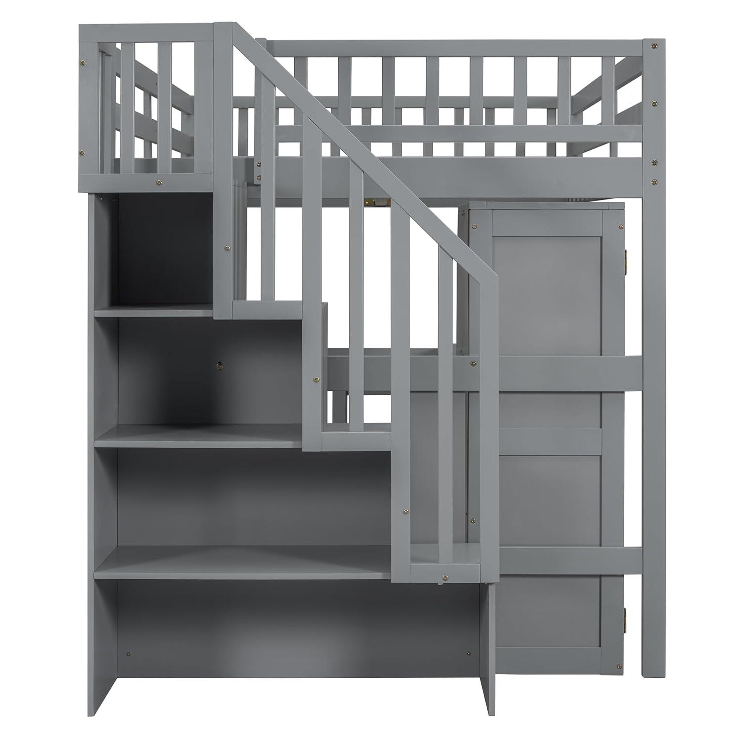 Harper & Bright Designs Full Size Loft Bed with Desk, Wood Full Loft Bed with Stairs, Bookshelf, Drawers & Wardrobe – Space-Saving Multifunctional Furniture, Gray