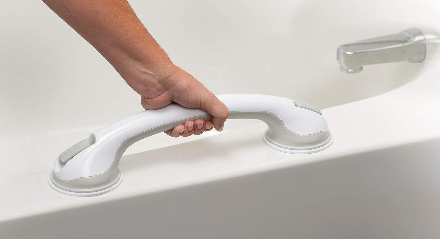 Changing Lifestyles Suction Cup Grab Bars For Bathtubs & Showers; Safety Bathroom Assist Handle, White & Grey, 16 Inches