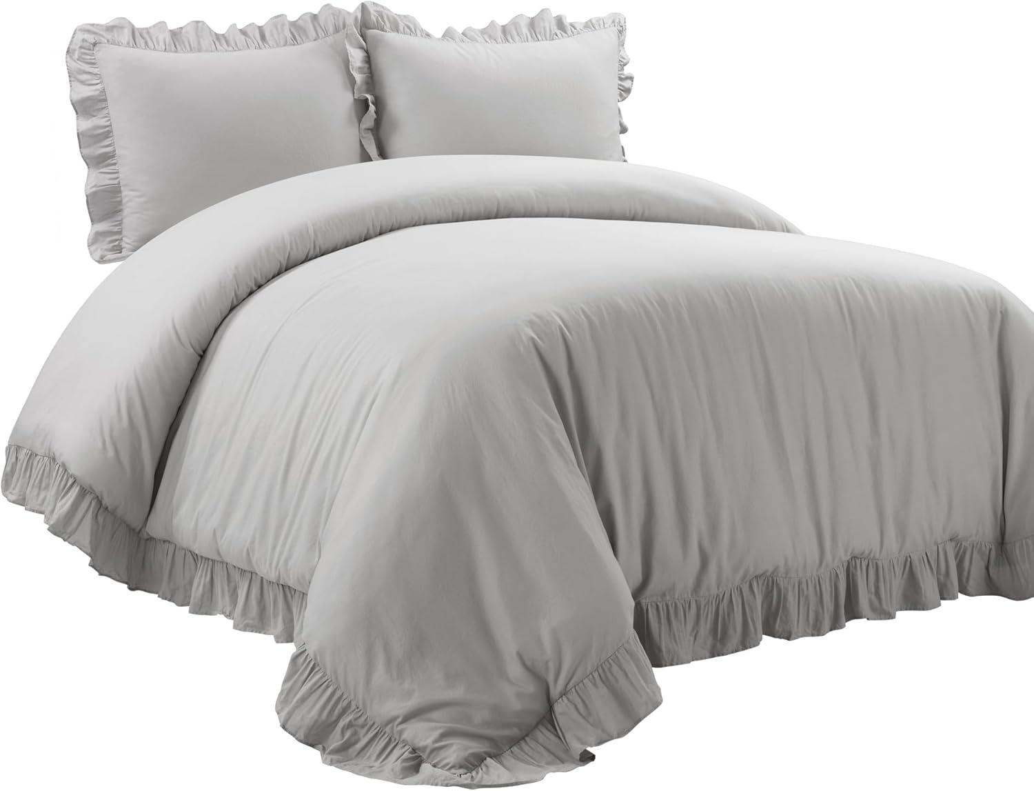 Lush Décor 3pc Full/Queen Reyna 100% Cotton Duvet Cover Set Light Gray: Chic Bedding with Ruffles, No Closure Design