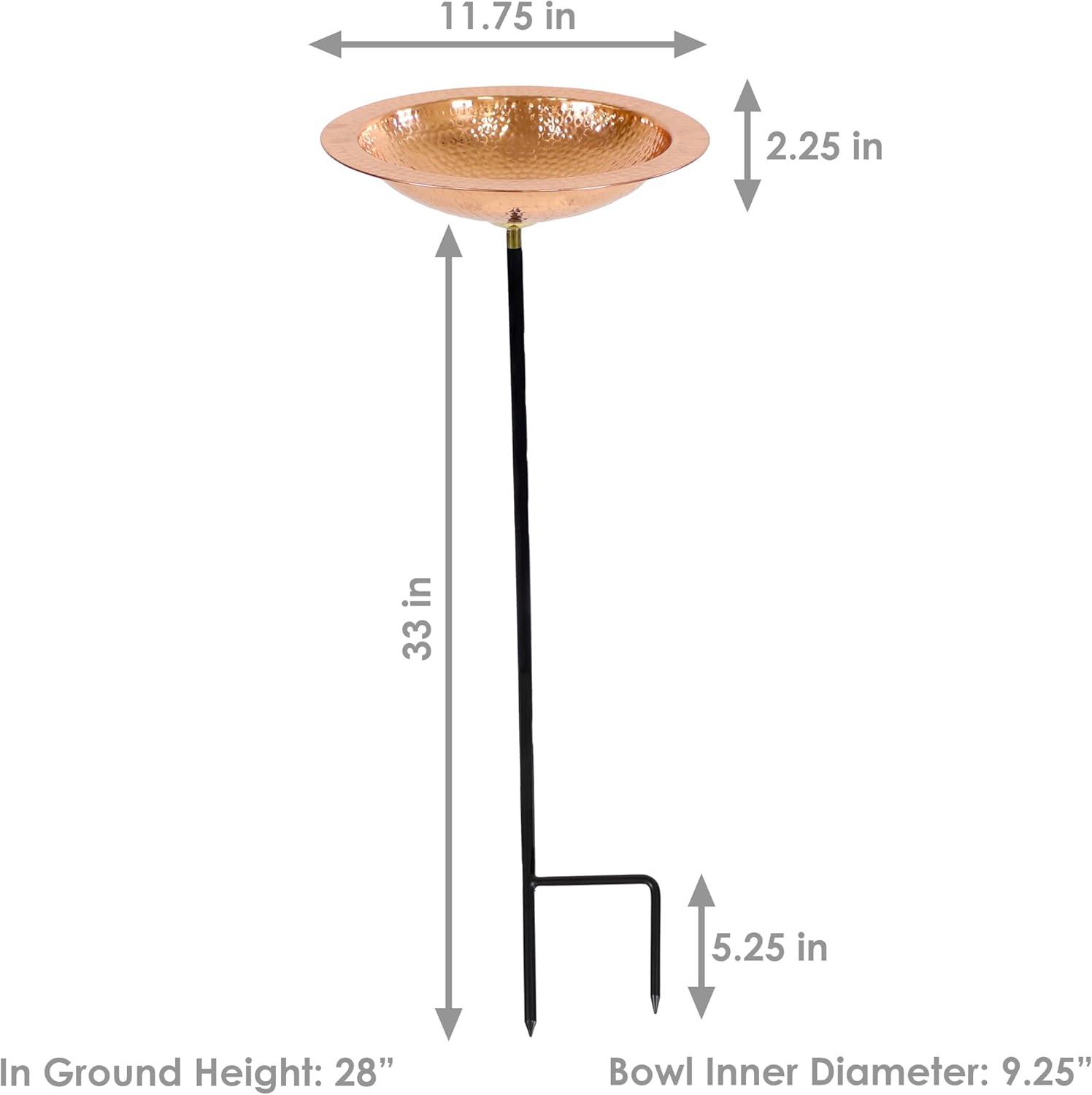 Sunnydaze Outdoor Hand-Hammered Standing Bird Bath or Bird Feeder with Stake - Copper - 33" H