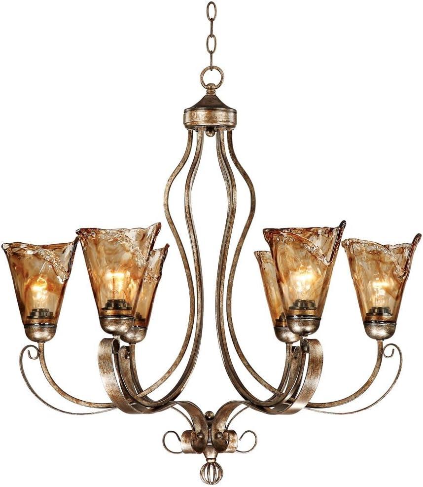 Franklin Iron Works Amber Scroll Golden Bronze Large Chandelier 31 1/2" Wide Rustic Art Glass 6-Light Fixture for Dining Room House Kitchen Island