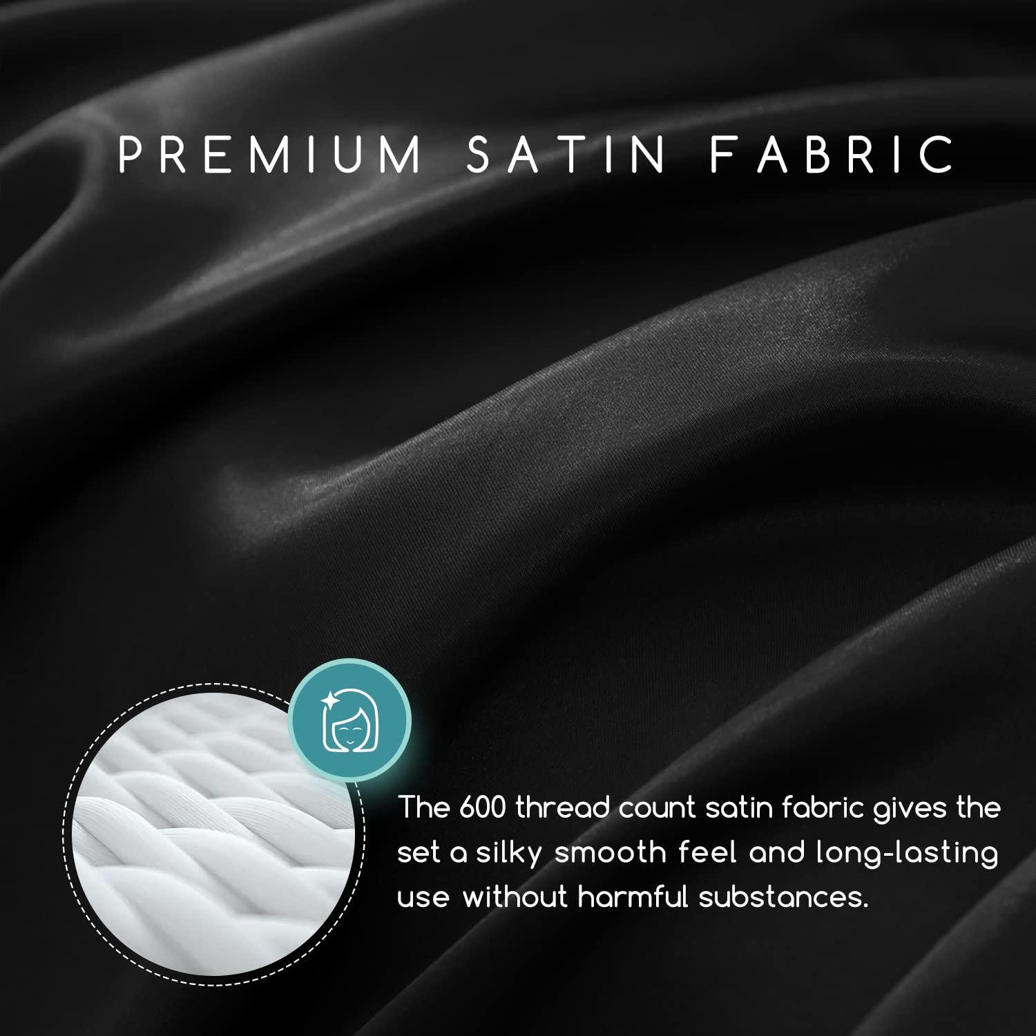MR&HM Satin Sheet Set Queen 4 Pcs, Silky Elegant Luxurious Queen Size Bed Sheets, with Flat Sheet, Deep Pocket Fitted Sheet for Mattress and Matching Satin Pillow Cases (Queen Size, Black)