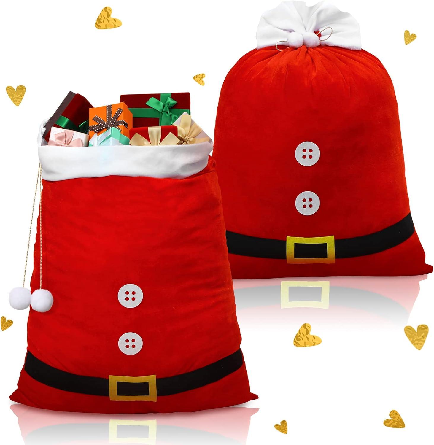 2 Pcs Christmas Velvet Bags with Drawstring Large Plush Santa Sack Christmas Gift Bags in 2 Size for Xmas Package Storage Bags