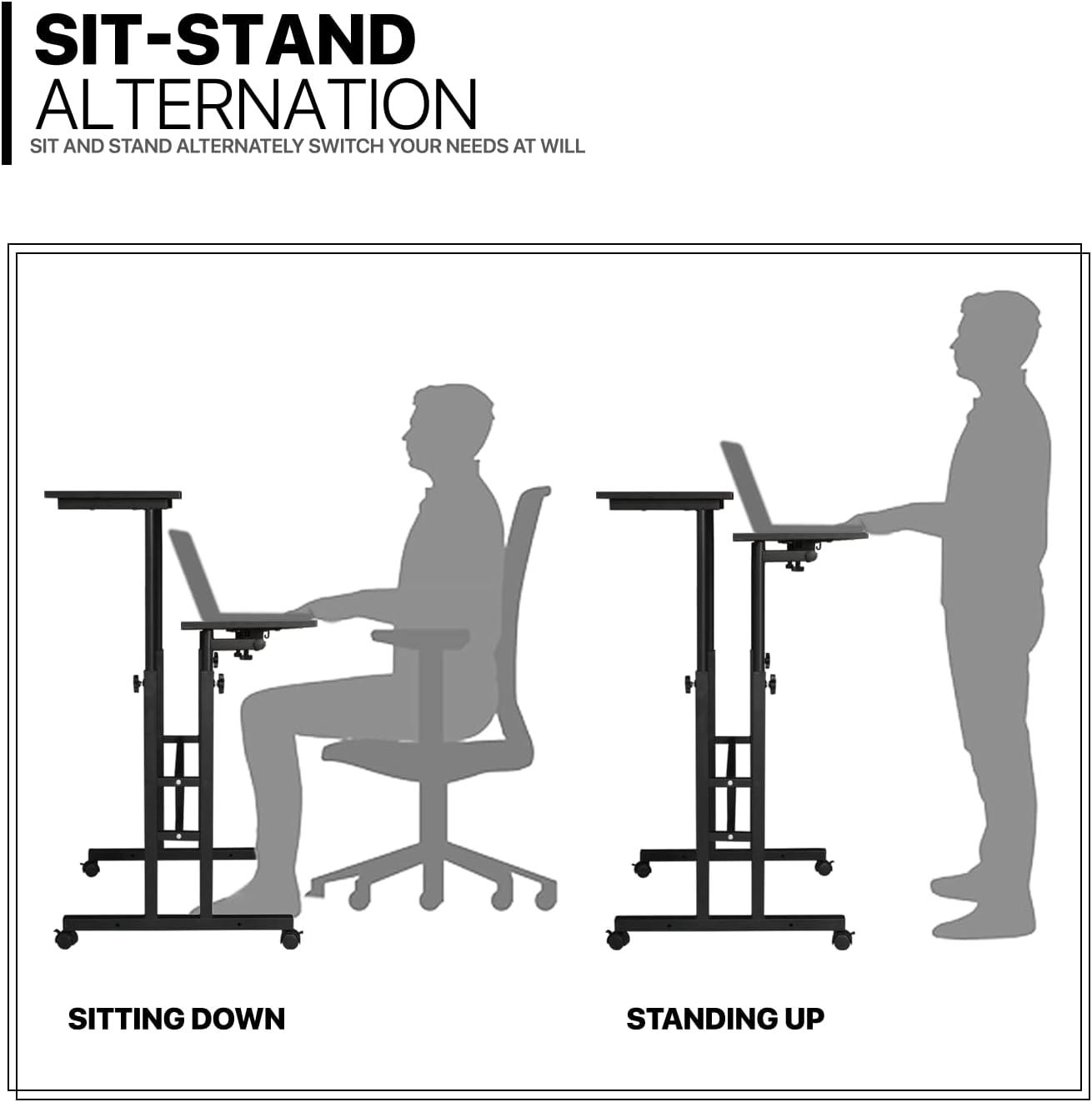 MoNiBloom Mobile Computer Desk, Adjustable Height Laptop Standing Desk with Tilting Tabletop and Monitor Shelf
