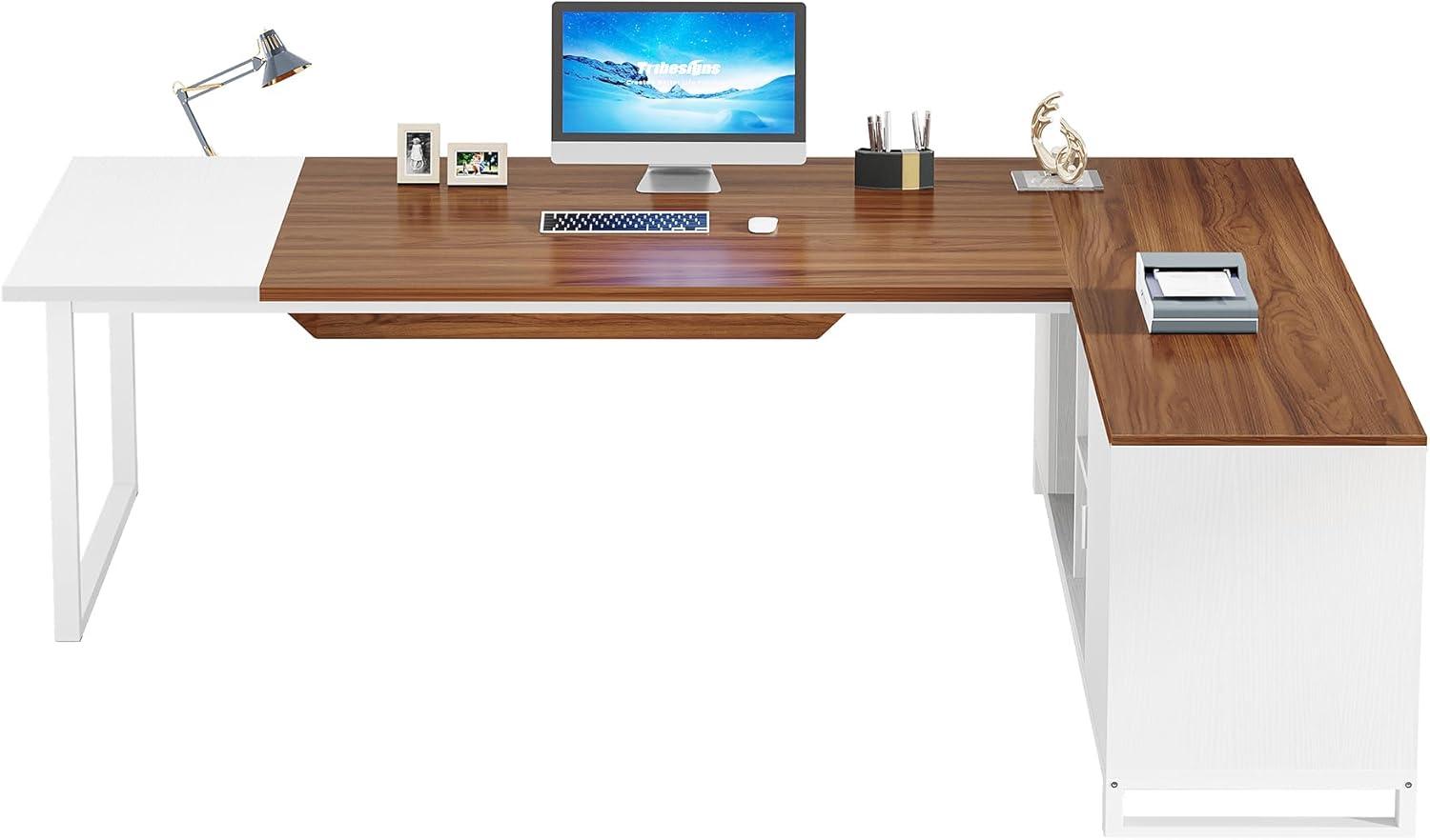 Tribesigns 70.8" L-Shaped Executive Desk with 55" File Cabinet, Large Home Office Computer Desk with Storage Shelves and Cabinet, Modern Business Furniture Set Home Office Workstation, Walnut White