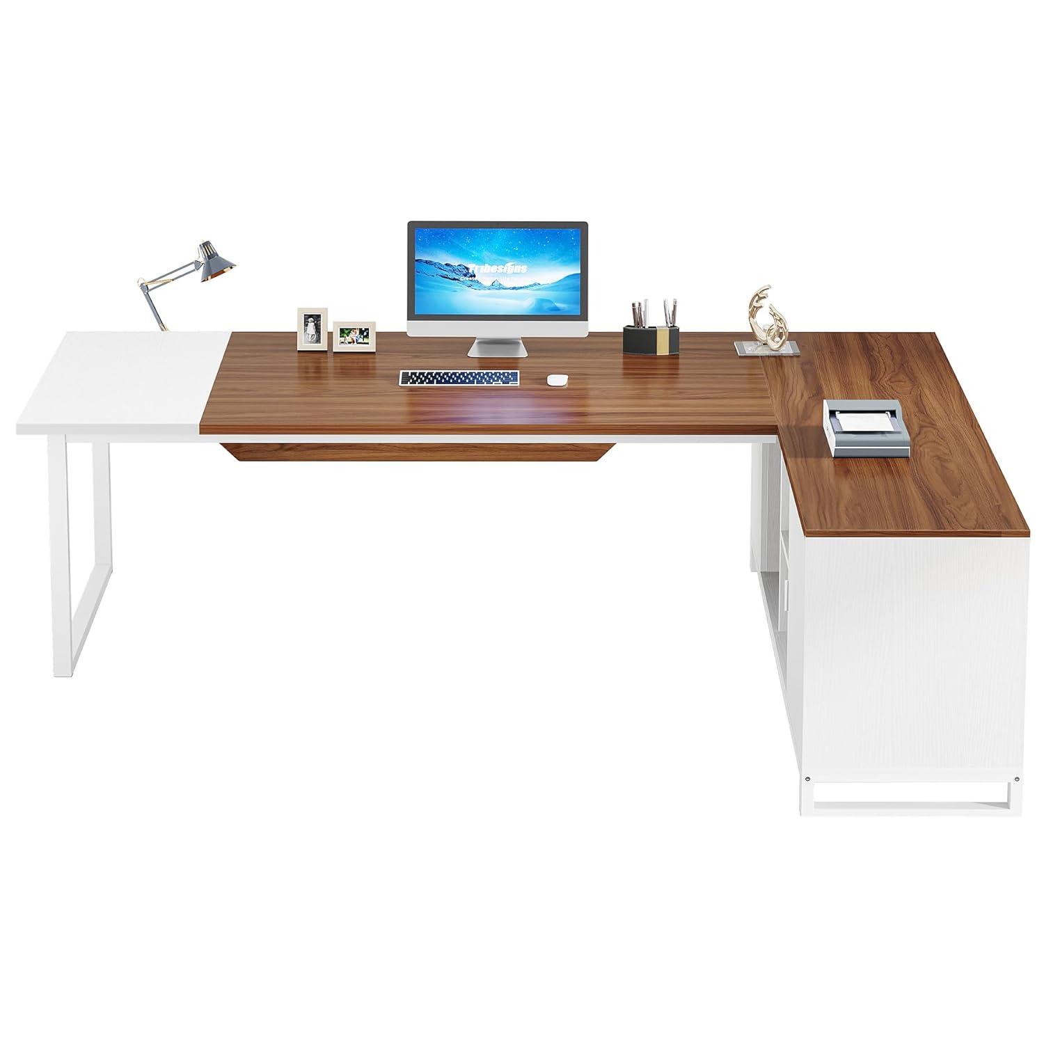 Tribesigns 70.8" Executive Desk with 55" File Cabinet, Industrial L Shaped Computer Desk, Large Executive Desk for Home Office, Walnut & White