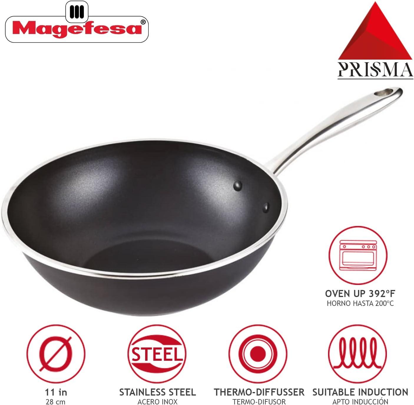 MAGEFESA Prisma 11" Stainless Steel Wok with Triple-Layer Nonstick Coating, Induction-Compatible, Oven & Dishwasher Safe, Stir-Fry Pan