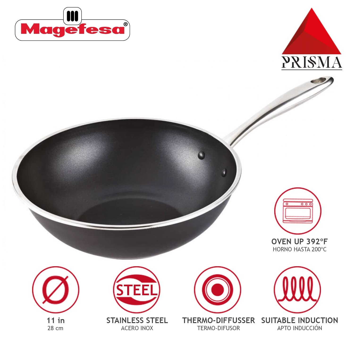 MAGEFESA Prisma 11" Stainless Steel Wok with Triple-Layer Nonstick Coating, Induction-Compatible, Oven & Dishwasher Safe, Stir-Fry Pan