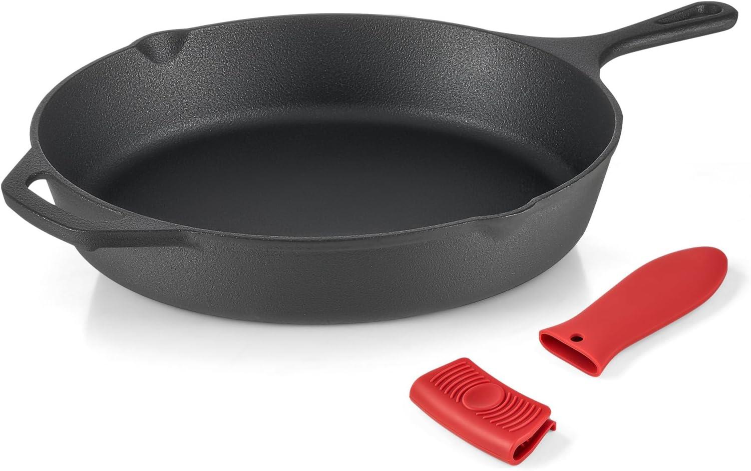 12-Inch Black Cast Iron Skillet with Red Silicone Handle