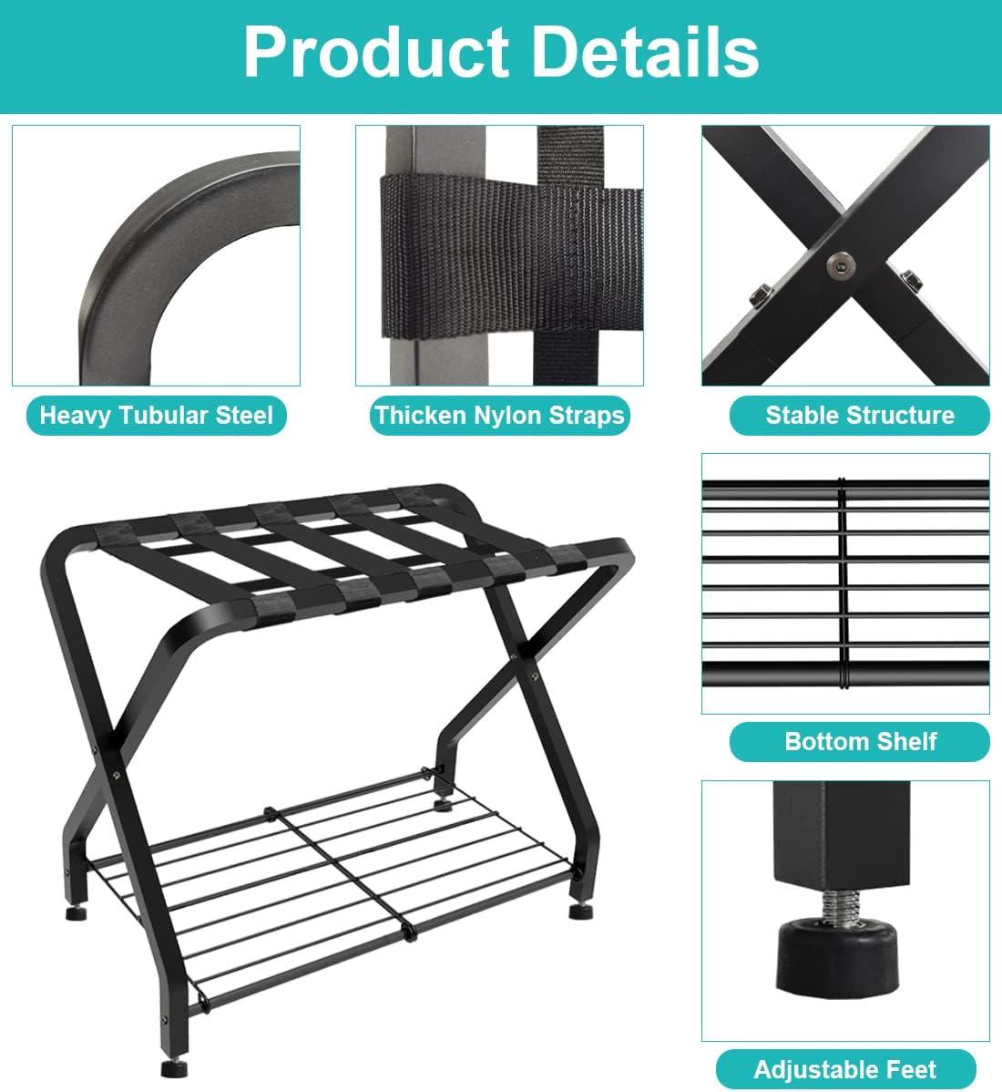 BINO Folding Luggage Rack With 2-Tiers Storage Shelf, Foldable Steel Frame Luggage Organizers For Suitcase, Metal Luggage Holder For Guest Room, Bedroom, Hotel, Closet, Black, 1Pack