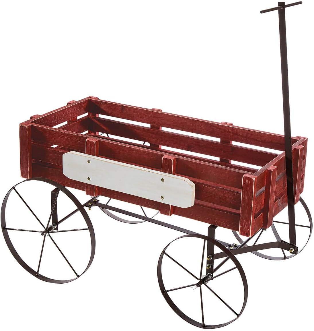 Red Wooden and Metal Vintage-Style Wagon Planter