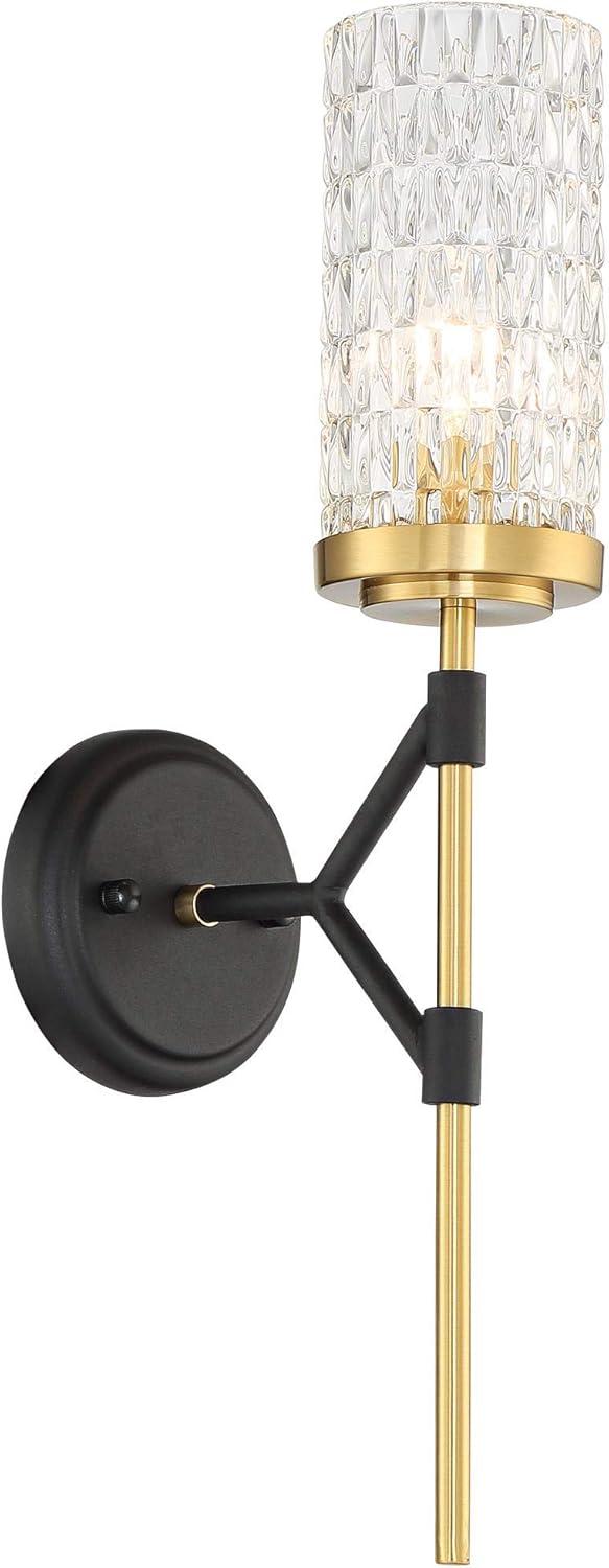 Possini Euro Design Darin Modern Wall Light Sconce Black Brass Hardwire 4 1/2" Fixture Faceted Cylinder Glass for Bedroom Bathroom Vanity Reading Home