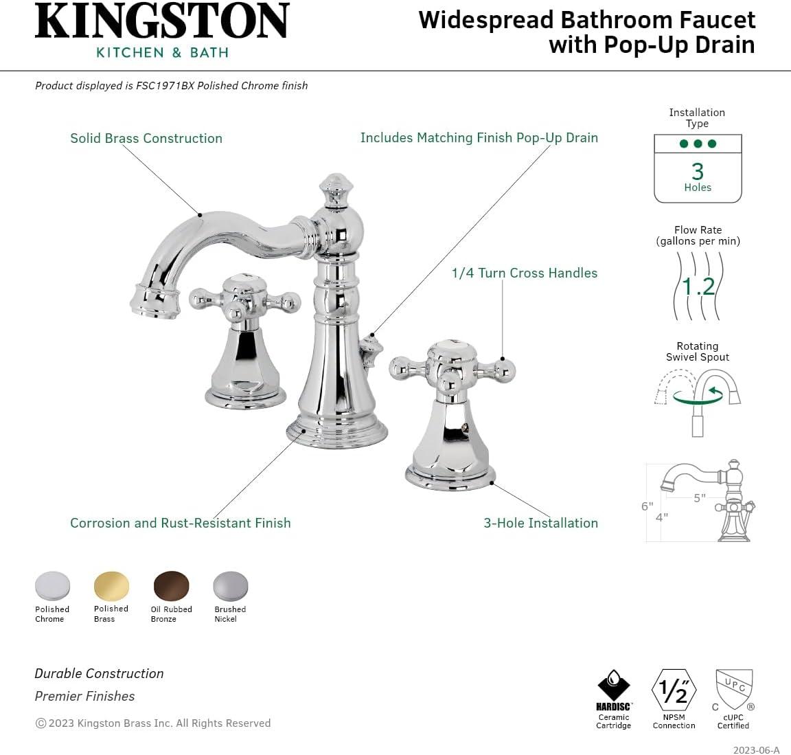 Kingston Brass American Classic Two-Handle 3-Hole Deck Mount Widespread Bathroom Faucet with Pop-Up Drain
