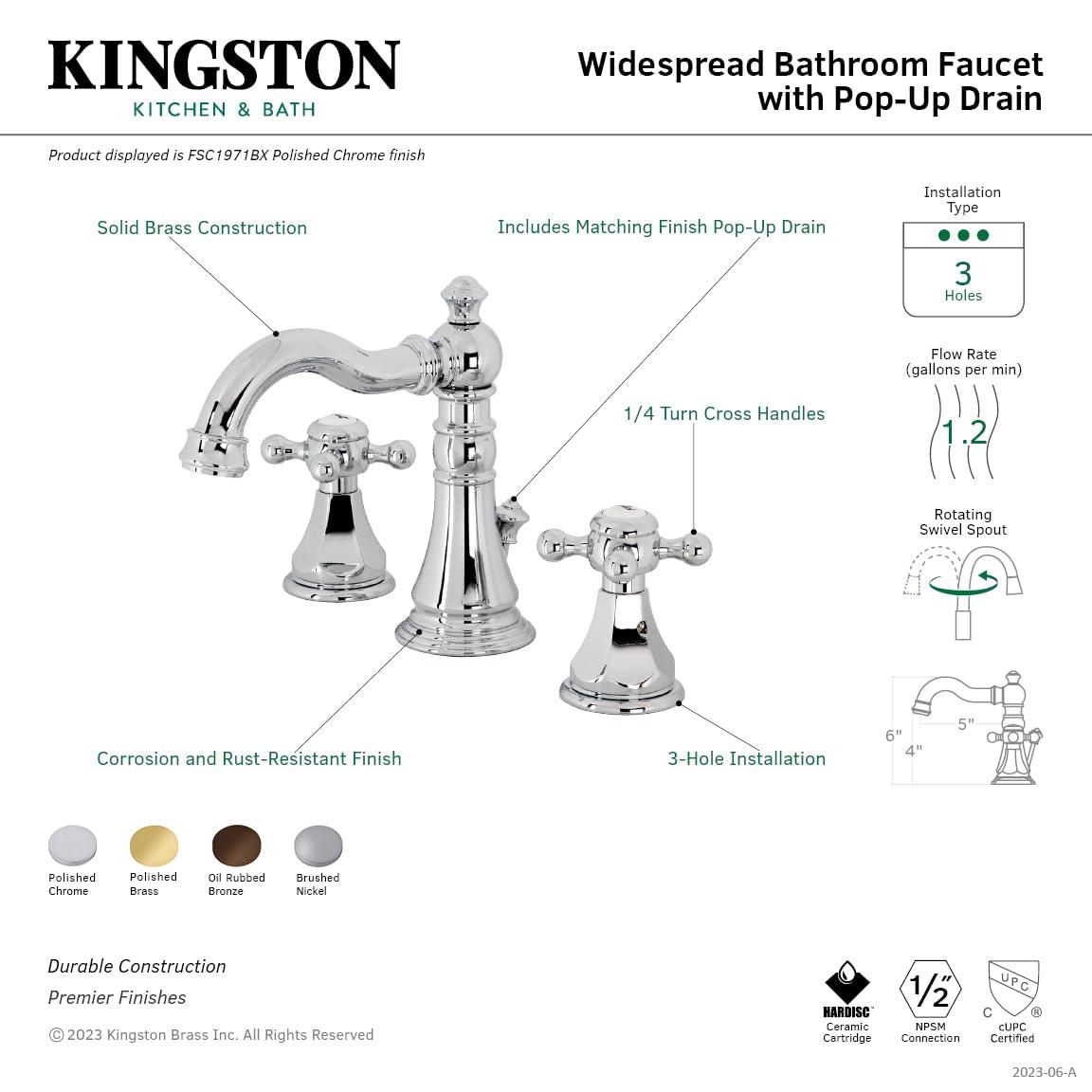 Kingston Brass American Classic Two-Handle 3-Hole Deck Mount Widespread Bathroom Faucet with Pop-Up Drain