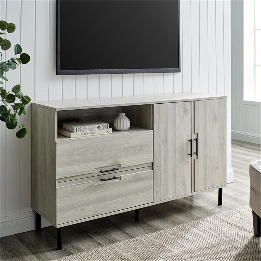 Walker Edison Modern Detailed Cabinet Door and 2 Drawer Storage-Sideboard-Buffet, 56, Birch