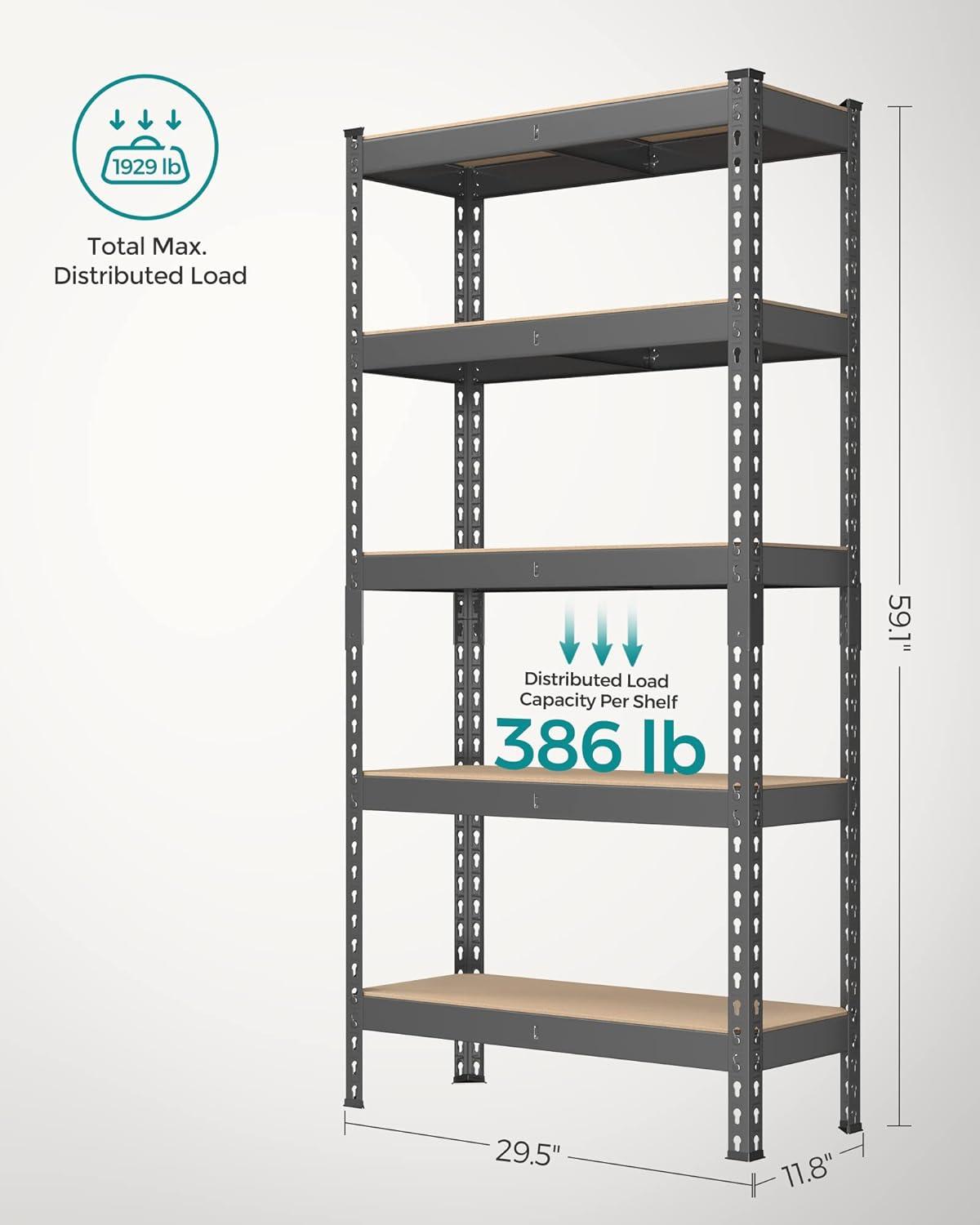 SONGMICS 5-Tier Storage Shelves Metal Garage Storage Boltless Assembly Adjustable Shelving Unit 11.8 x 29.5 x 59.1 Inches Load 1929 lb for Shed Warehouse Basement Kitchen Gray