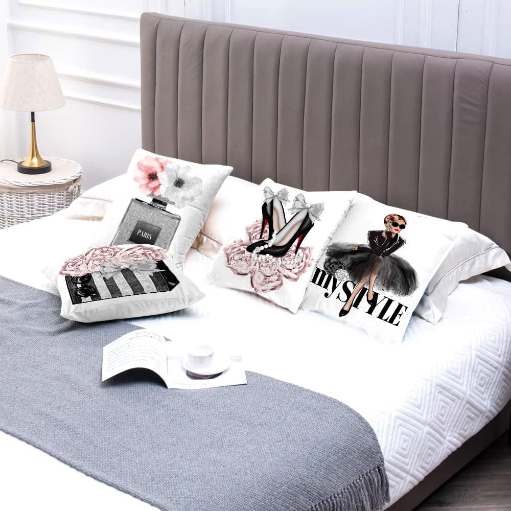 Set of 4 18x18 Pink Throw Pillow Covers Couch Bed Decorative Pillow Covers Fashion Girls Silver Perfume Flowers Cute Accent Pillow Covers Bedroom Black White Velvet Pillowcases (Pink and Gray)