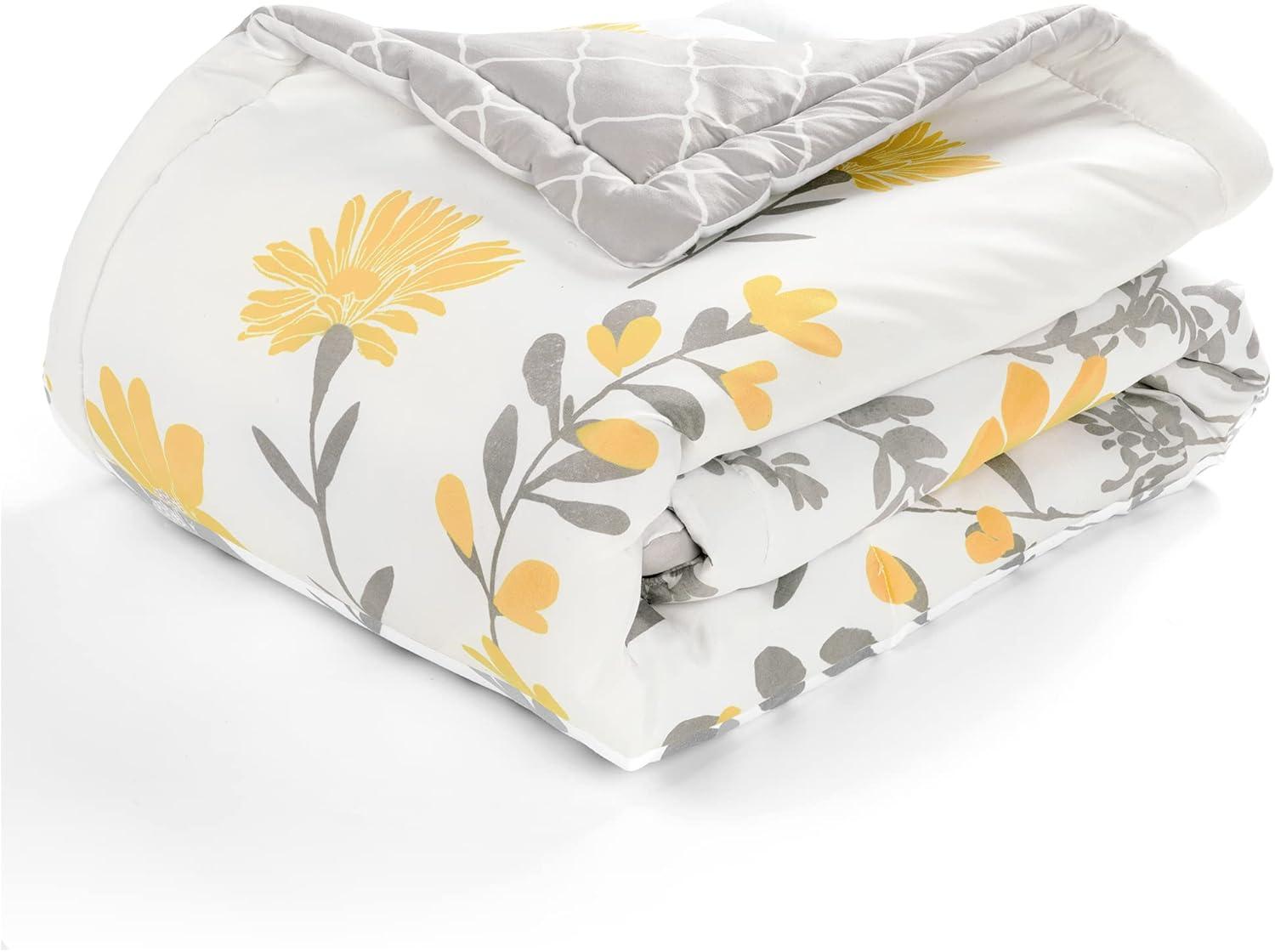 Yellow and Gray Floral Reversible Cotton Throw Blanket