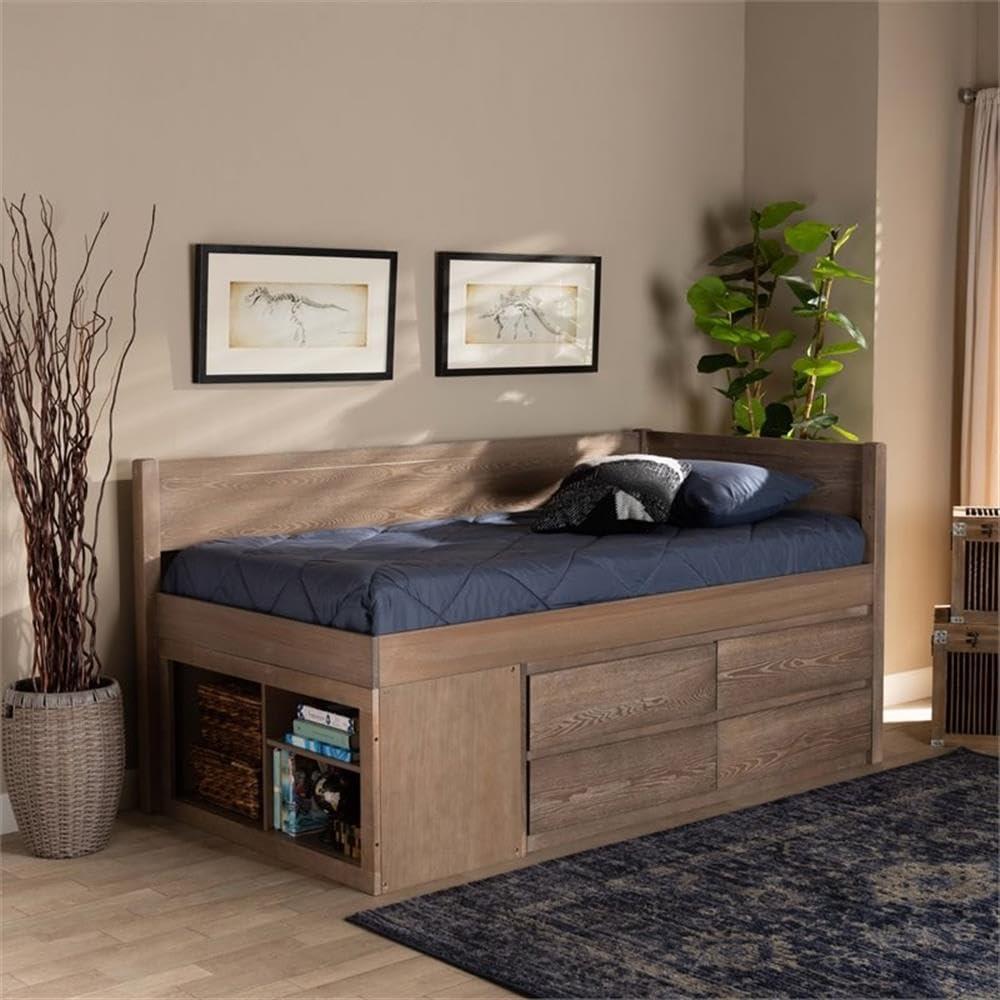 Twin 4 Drawer Levon Wood Storage Bed Antique Oak - Baxton Studio: MDF Frame, No Box Spring Needed