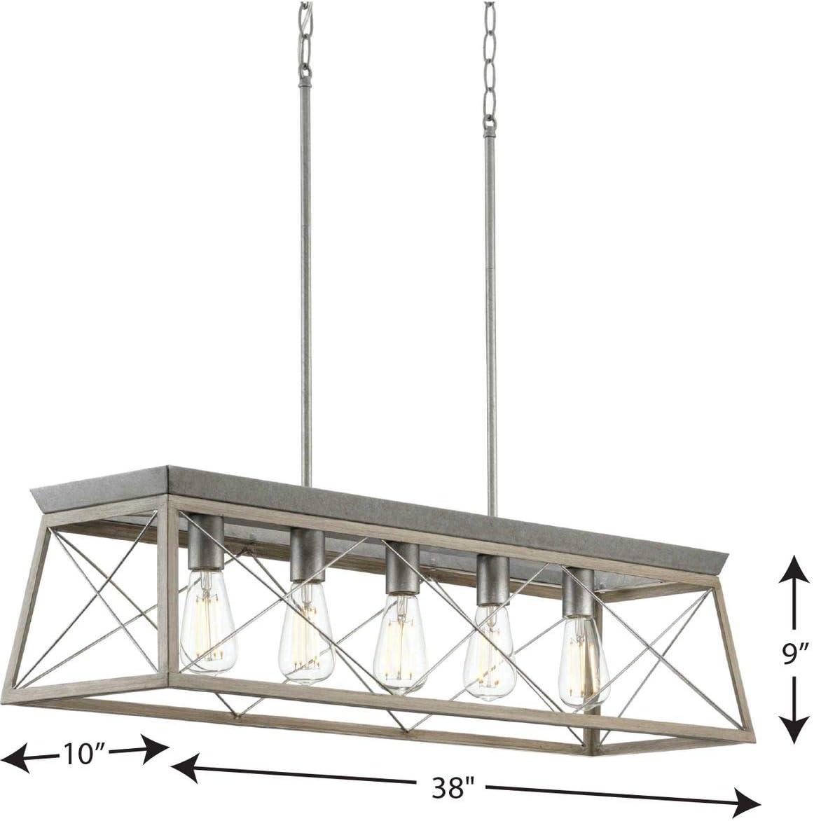 Progress Lighting Briarwood 5-Light Linear Chandelier, Galvanized Finish, Steel Material, Faux-Painted Wood Enclosure