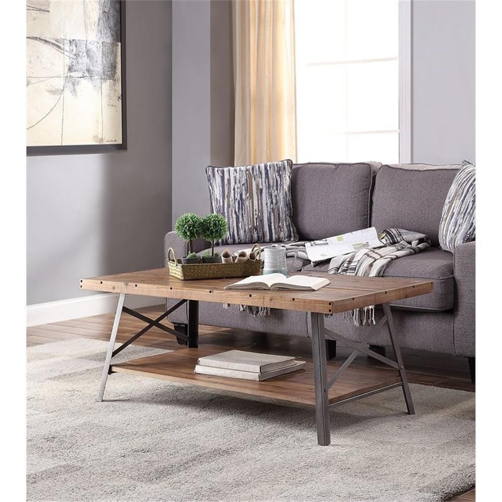 Wooden Coffee Table with X Crossed Metal Sides and Open Shelf Brown and Black - Saltoro Sherpi