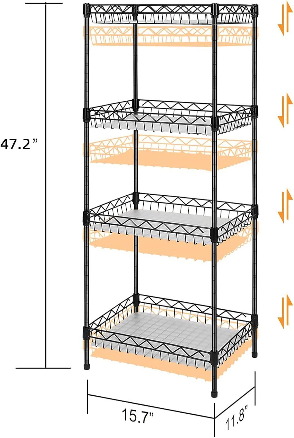 Storage Shelves, 4-Tier Wire Shelving Unit with Baskets Storage Rack Corner Shelf Shelving Adjustable Storage Shelf, 11.8" D x 15.7" W x 47" H, Black