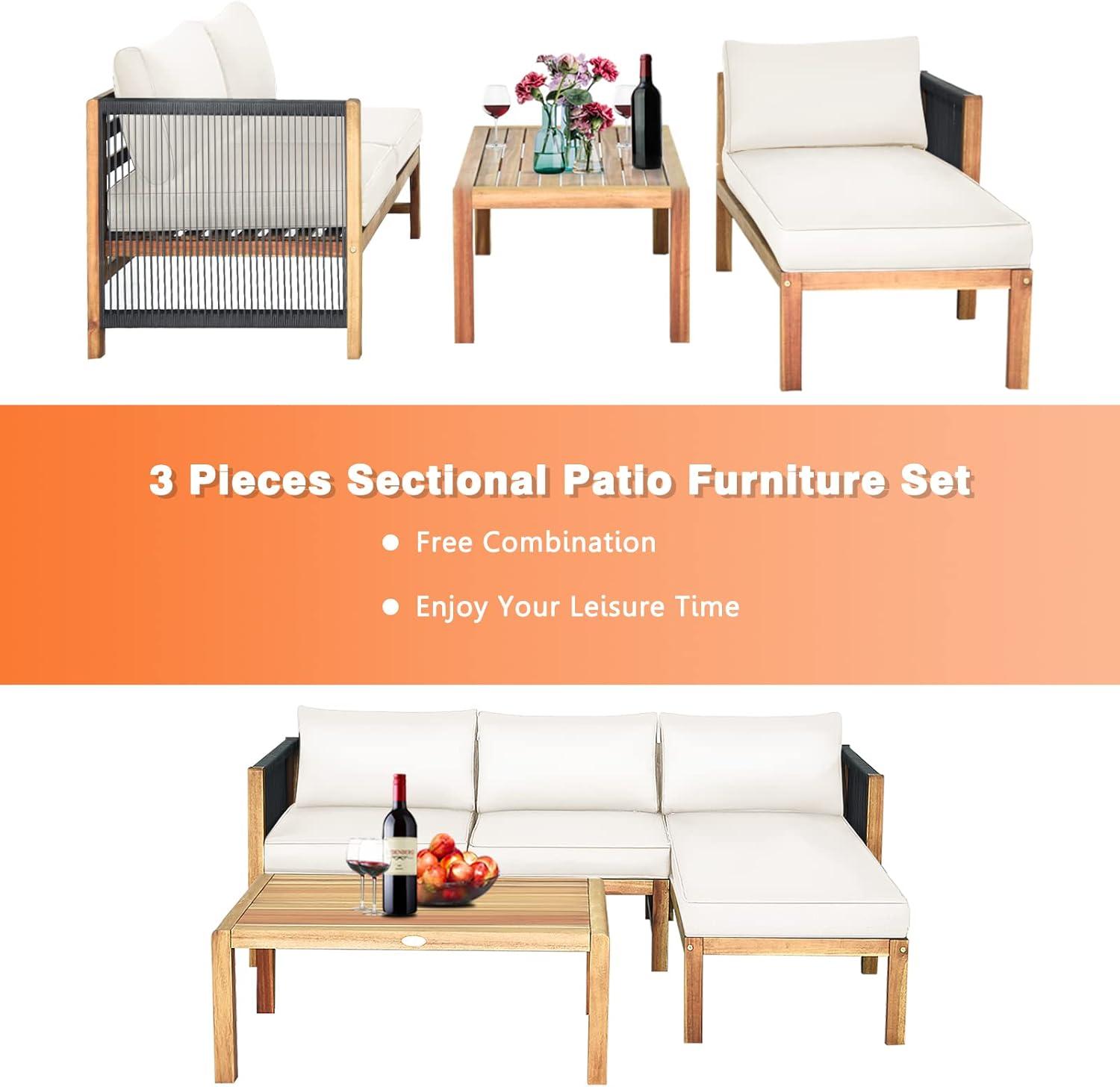 Topcobe 3 Piece Patio Acacia Sofa Set with Nylon Armrest, Outdoor Furniture, White