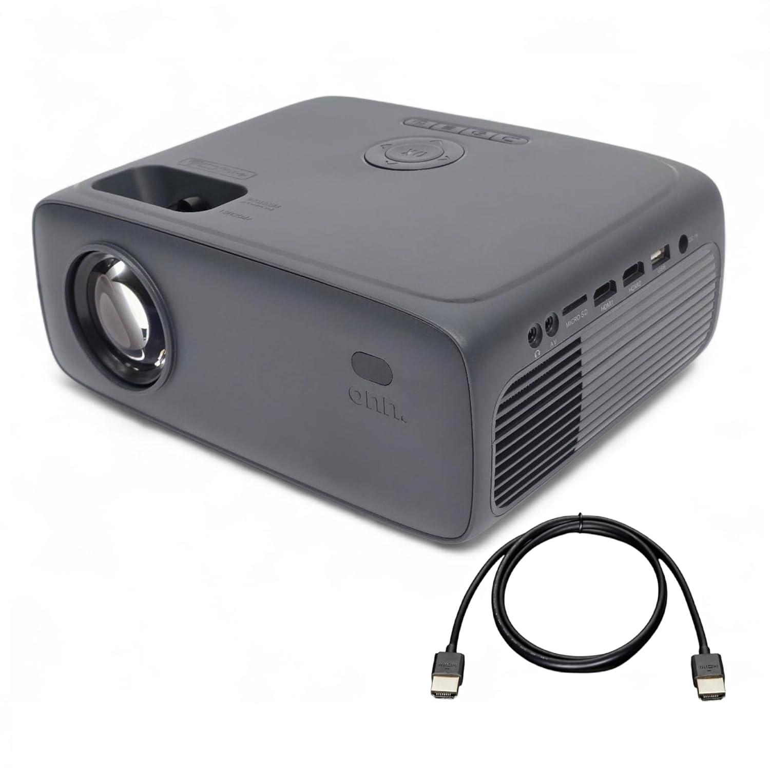 Restored ONN 720P HD Home Theater Projector with 6' HDMI Cable, Black, HDMI/USB/MicroSD/AV - Indoor & outdoor use 100096801 (Refurbished)