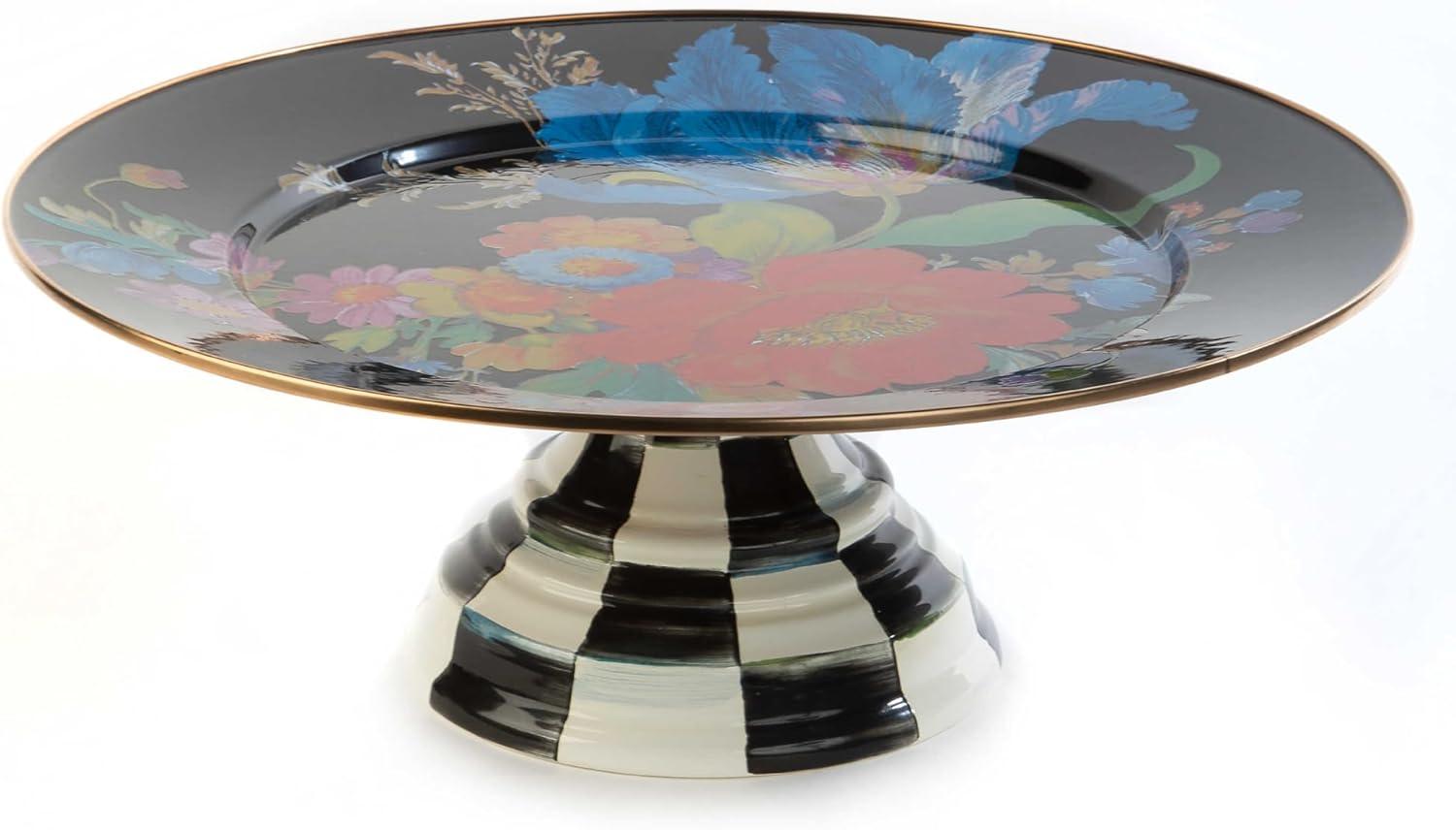 Black Floral Ceramic Pedestal Cake Stand with Checkered Base