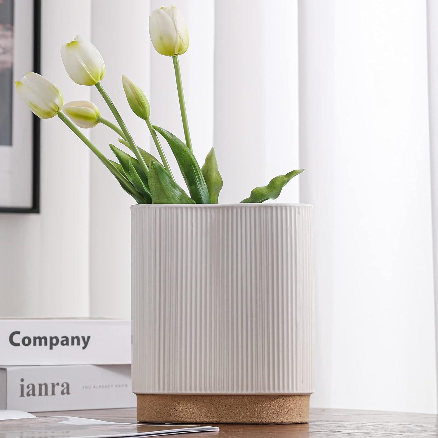 hjn White Vase for Flowers, Ceramic vase for Home Decor French Rustic Vase for Kitchen/Table/Living Room/Shelf/Mantel/Office-Height-6.8"