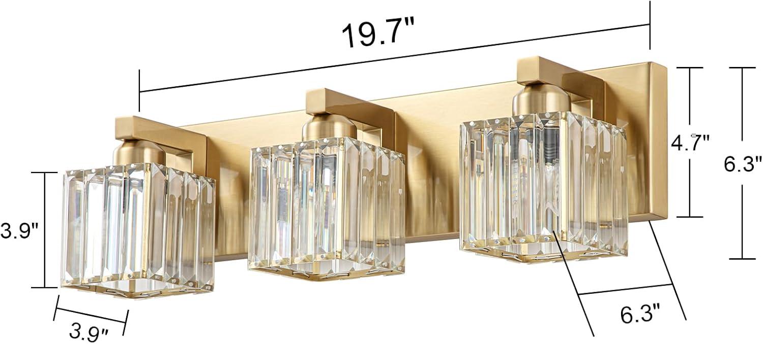 Gold Crystal 3-Light Bathroom Vanity Fixture with Square Shades