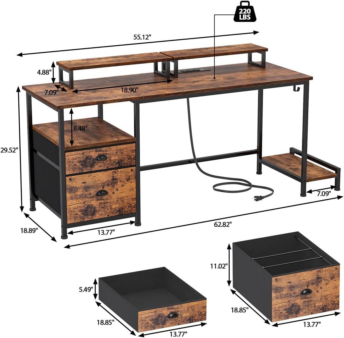 Rustic Brown Computer Desk with Drawer and Power Outlets