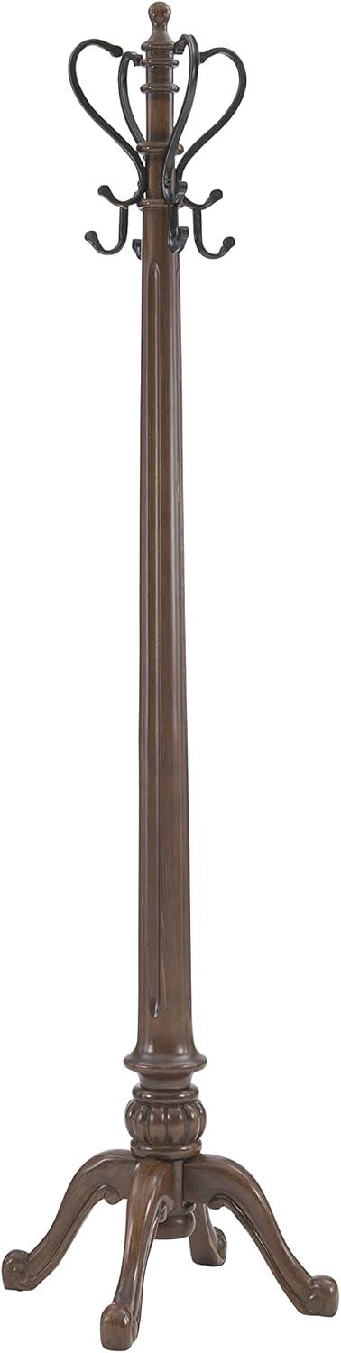 Linon Barrier Reef Wood Coat Rack 8 Antique Brass Hooks Curved Legs in Brown