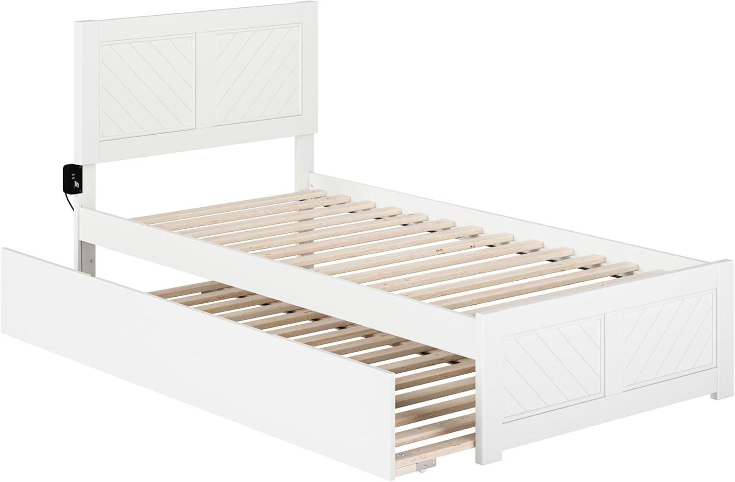 White Twin XL Wood Platform Bed with Trundle and Headboard