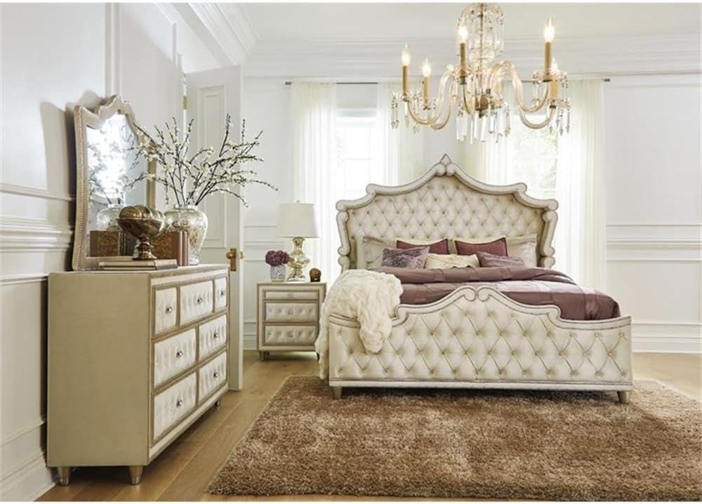 Ivory and Camel Velvet King Bed with Tufted Headboard