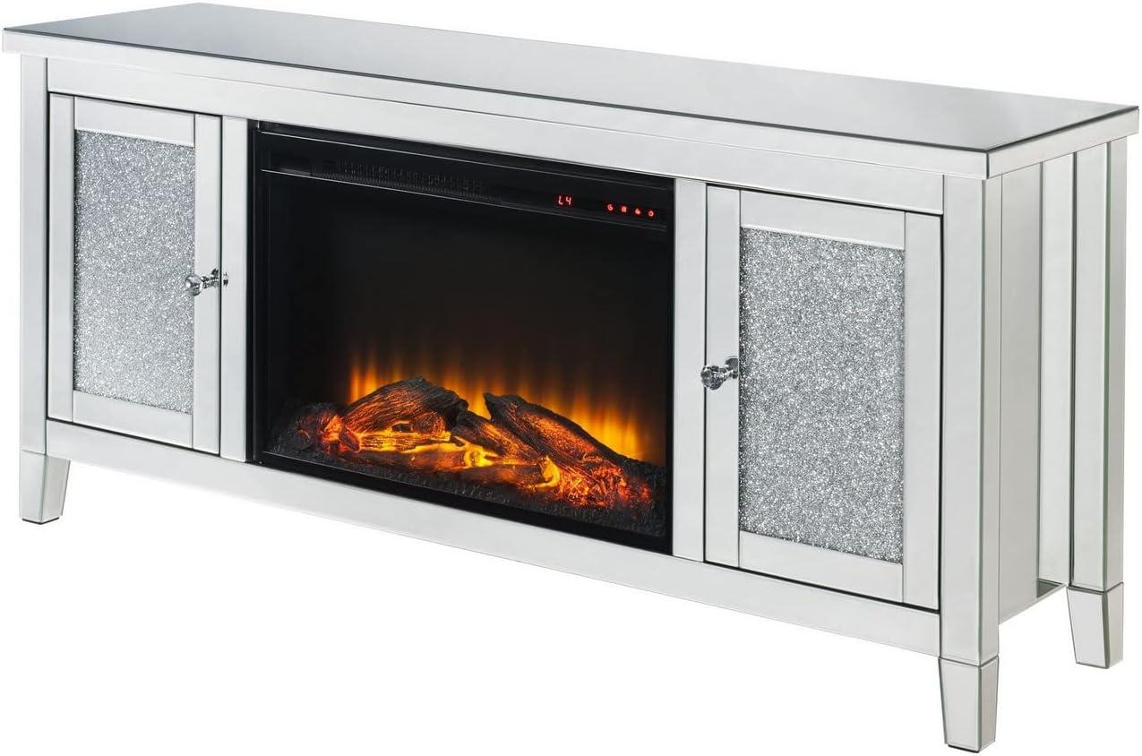 Silver Mirrored TV Stand with Electric Fireplace and Cabinet